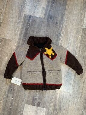 Sheriff Patch Zip-Up Wool Kids Jacket - Beige & Brown Size Small 4/5